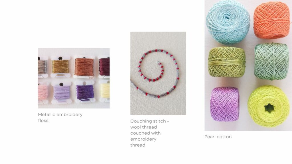 Couching stitch with embroidery and pearl cotton image threads: Hand embroidery threads