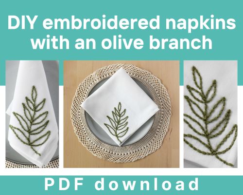 embroidery resource library: DIY embroidered napkins with an olive branch freebie card
