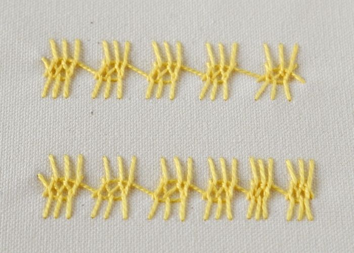 Broderie au point de crétois écossais avec coton perlé jaune