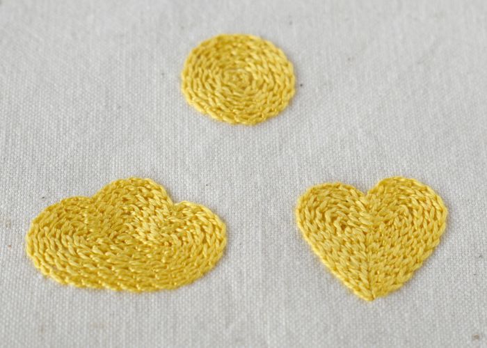 Chain Stitch filling with yellow pearl cotton - circle, cloud and heart shapes